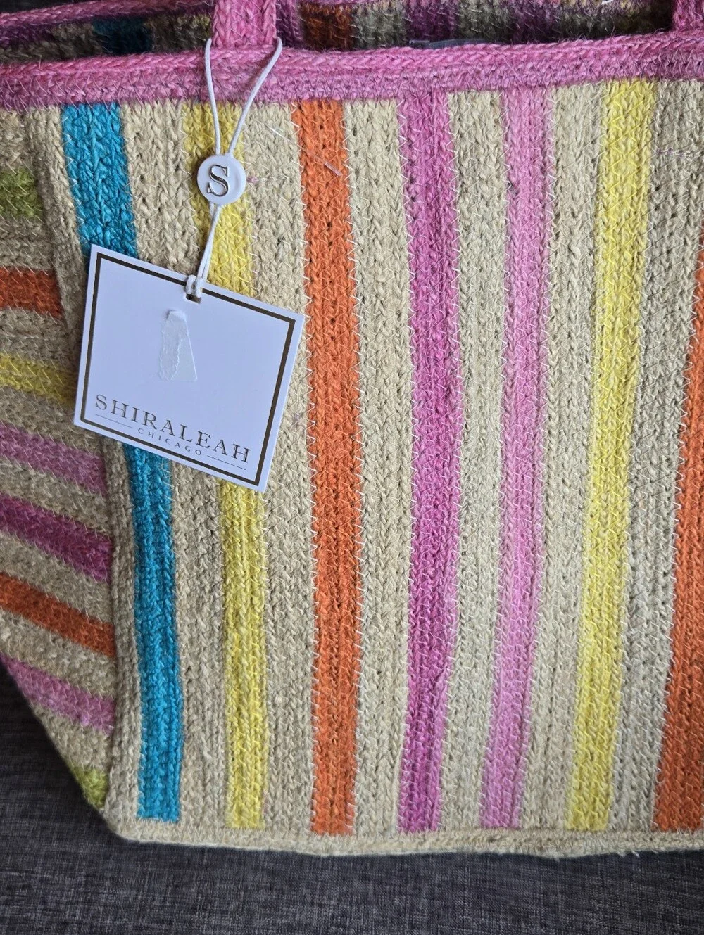 SHIRALEAH Chicago Jute Tote Bag with Pink Stripes